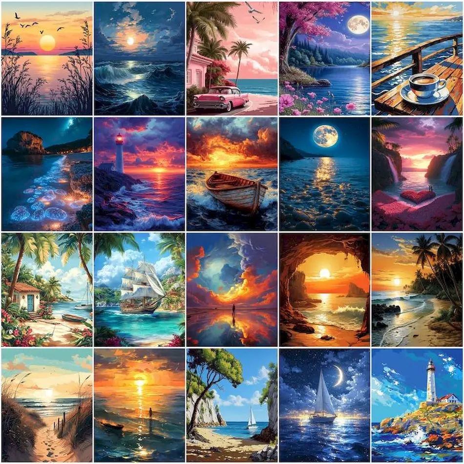 Painting Supplies - GATYZTORY ชุดระบายสีตามตัวเลข ภาพทิวทัศน์ทะเล อุปกรณ์ศิลปะ ภาพวาดสีน้ำ งานศิลปะทำมือ
