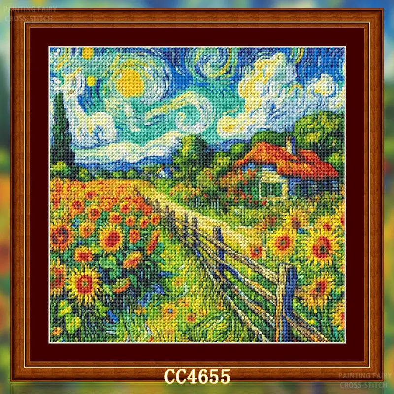 Cross Stitch Stamped Kits Beginners - [[CC4656-ชุดงานปักครอสสติชลายฟาร์มดอกทานตะวันของแวนโก๊ะ] ชุดงานปักครอสสติชแบบ DIY สำหรับผู้เริ่มต้น, ผ้าแคนวาสพิมพ์ลายขนาด 11CT
