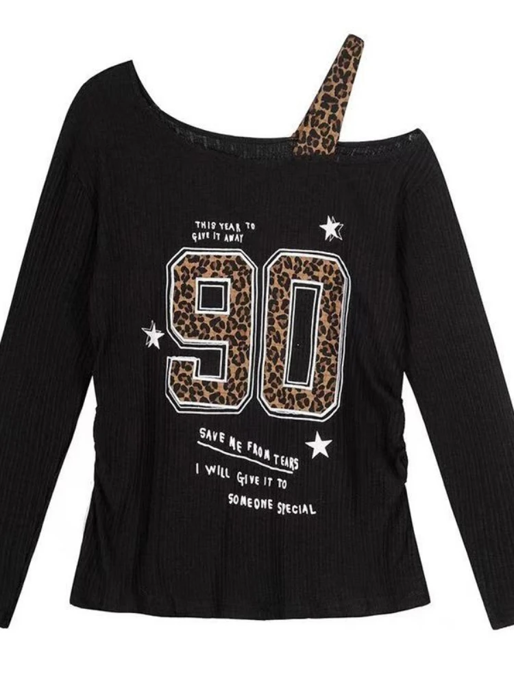 Embroidery - เสื้อยืดลายเสือดาวสไตล์ Y2K แบบแพทช์เวิร์คสำหรับผู้หญิง ทรงหลวม สตรีทแวร์ สไตล์กรันจ์