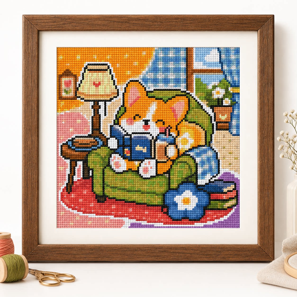 Cross Stitch Stamped Kits Beginners - [ปักเต็มผืน] [CC6338-ลูกคอร์กี้น้อยที่รักการอ่าน] ชุดปักครอสสติช DIY สำหรับผู้เริ่มต้น 11CT