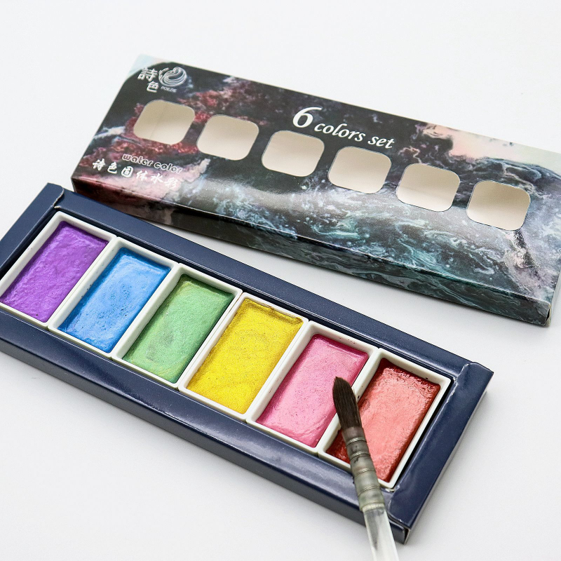 Watercolor Paint Set Solid Pigment - 6 สีโลหะที่ละลายน้ําได้เพิร์ลสีน้ําPigment Solidชุดศิลปินสีน้ําภาพวาดArt Supplies