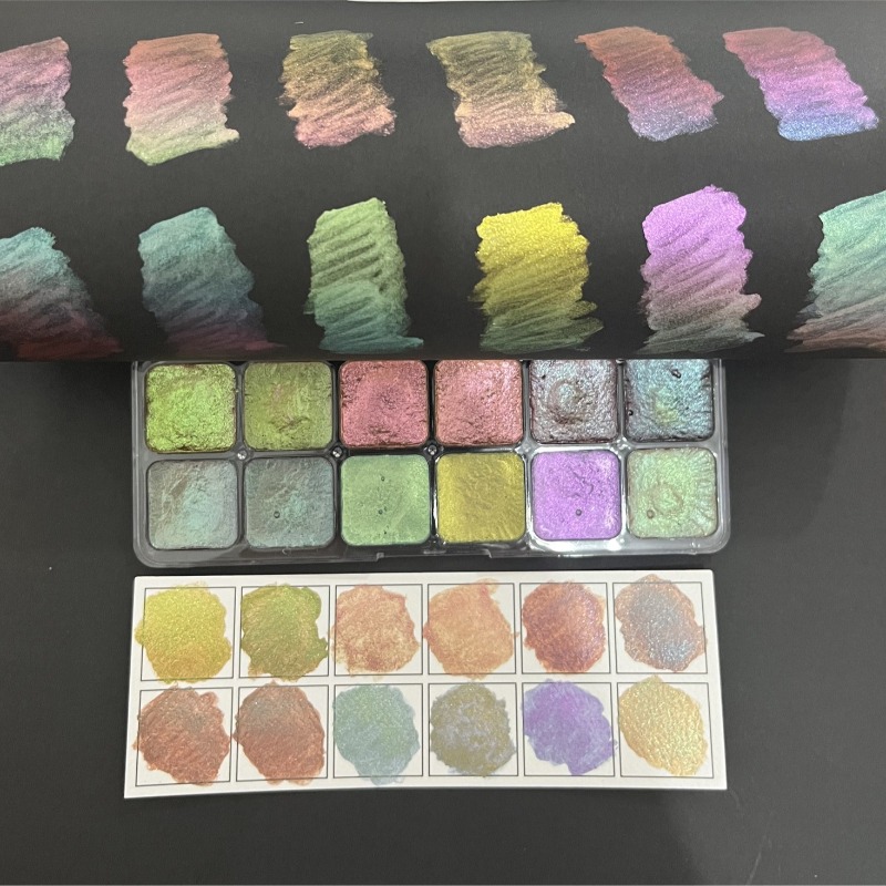 Watercolor Paint Set Solid Pigment - สีน้ำแบบแข็ง Chameleon สีน้ำมุกแบบแข็ง เม็ดสีเมทัลลิกไล่เฉดสีแบบมีประกาย สำหรับงาน DIY
