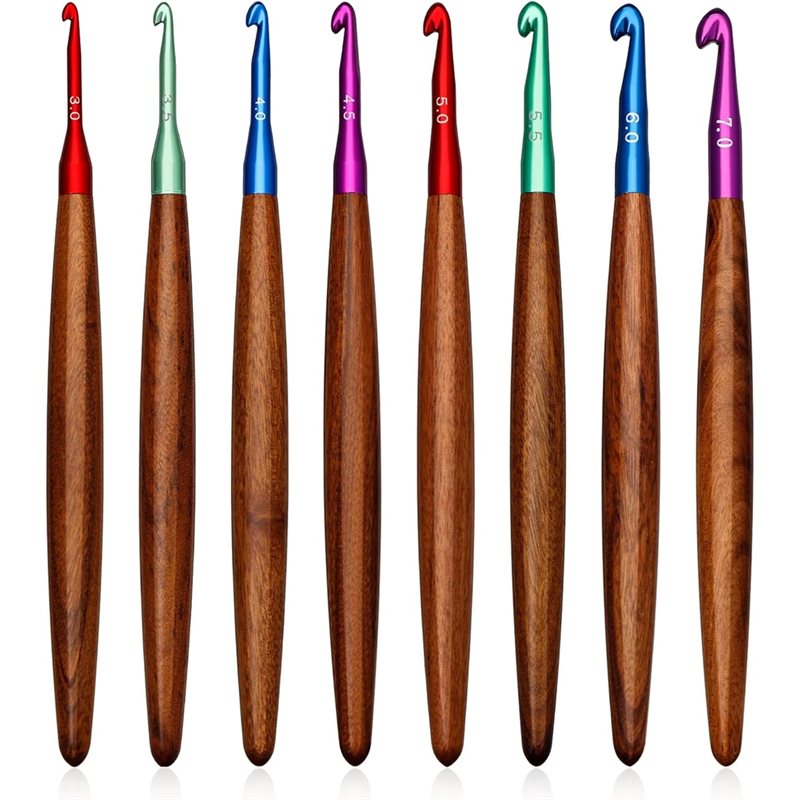 Wooden Crochet Hooks Ergonomic Handle - เข็มโครเชต์อะลูมิเนียม AB34 พร้อมด้ามจับไม้, 8 ชิ้น, ชุดเข็มโครเชต์ตามหลักสรีรศาสตร์ขนาด