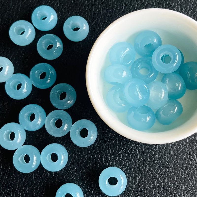 Beading - 10 ชิ้น ลูกปัดเจไดต์สีน้ำเงินทะเลธรรมชาติ รูใหญ่ สำหรับทำสร้อยข้อมือ ต่างหู