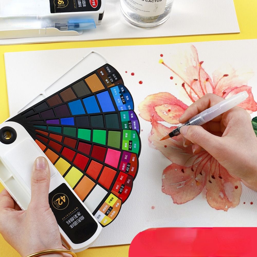 Watercolor Paint Set Solid Pigment - ชุดสีน้ำแบบพับได้พร้อมพู่กันน้ำ 18/24/36/42 สี ชุดสีน้ำมันสำหรับวาดภาพ สีน้ำแบบแข็งสำหรับโรงเรียน